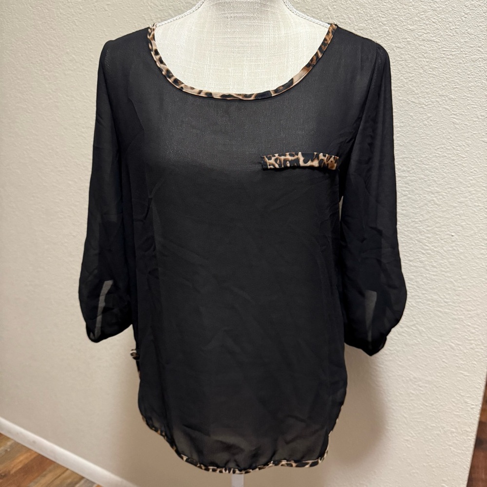 Black Sheer Women's Top with Leopard Trim by Love Culture